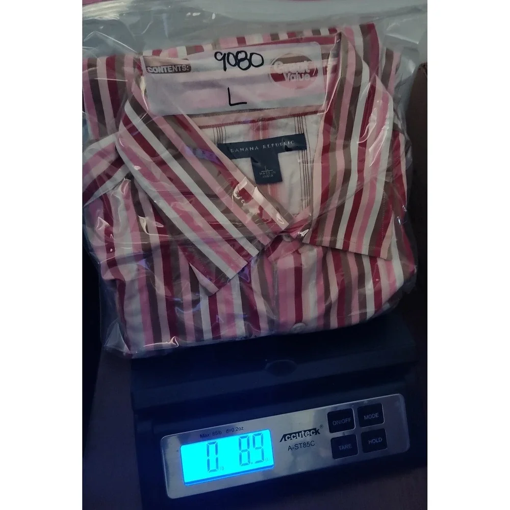 BANANA REPUBLIC Men Large Pink Striped Cotton  Flip Cuff Button Shirt‎